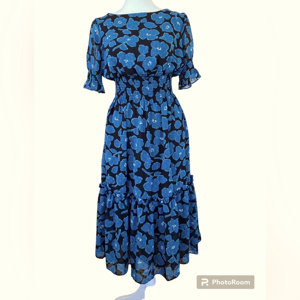Kate Spade Black/Teal Floral Short Sleeve Chiffon Fit & Flare Dress (Size XS)